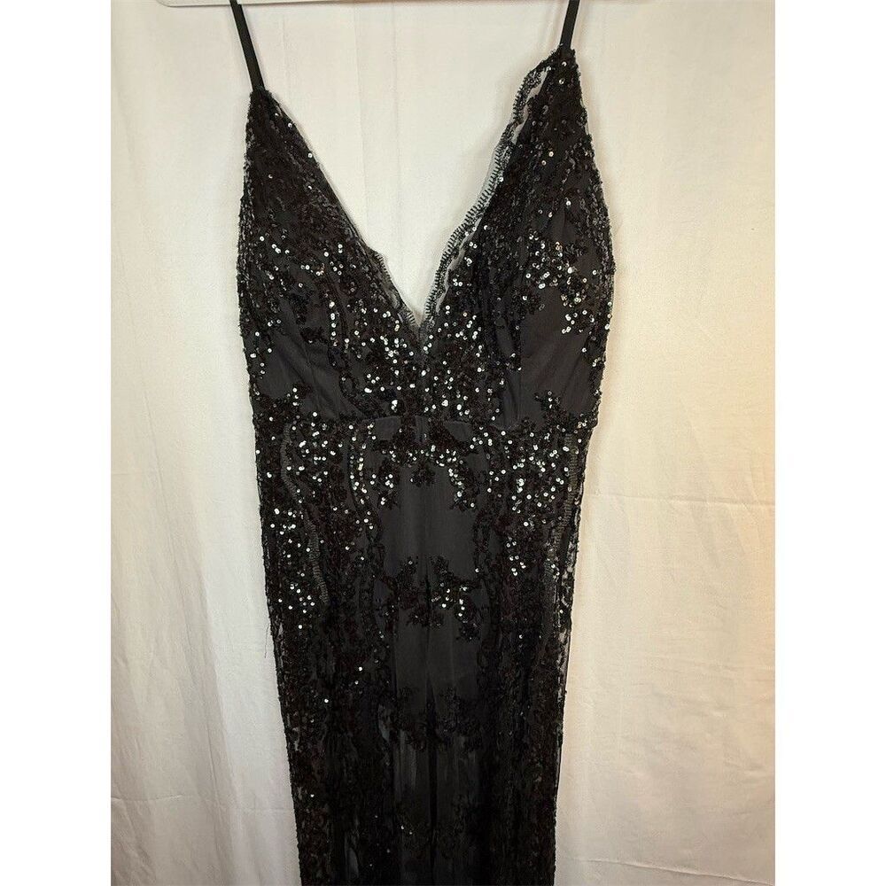 Womens Fashion Nova Formal Jumpsuit 1X Black Sequin Lace Overlay Maxi V-Neck - Picture 7 of 16